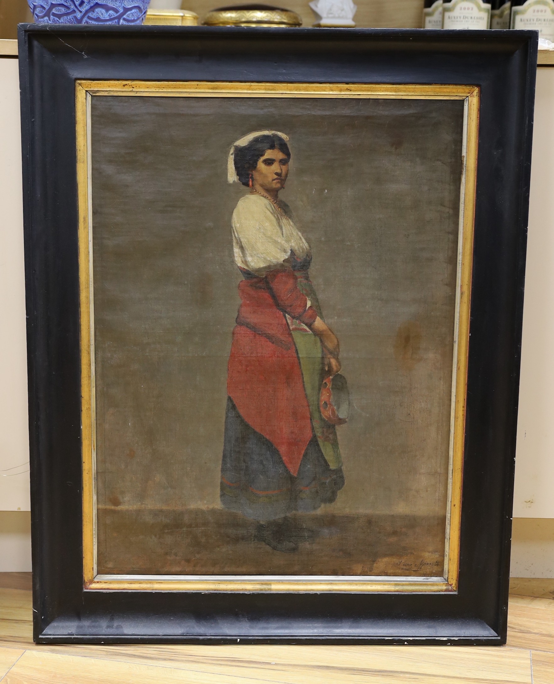 Franz Mpoerts, oil on canvas, Portrait of a standing Spanish woman holding a tambourine, signed, 68 x 50cm